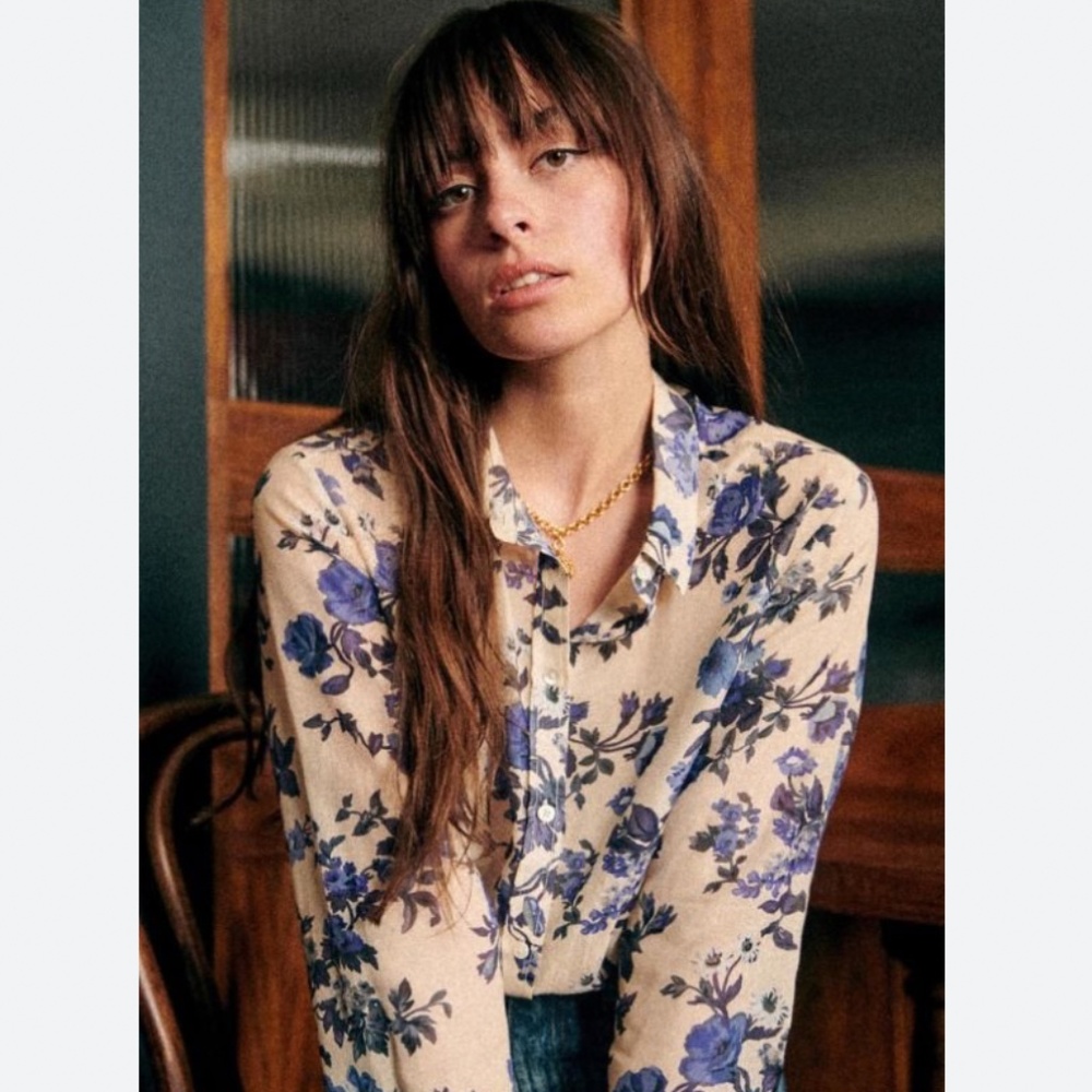 Sezane Pierro Shirt in Blue Floral Cotton/Silk Size 36/4